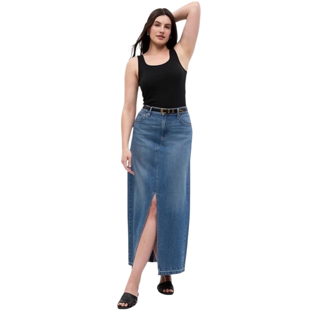 Gap Denim Maxi Skirt‎ Women 14 32 Medium Wash High Rise Front Slit Cotton 12/22